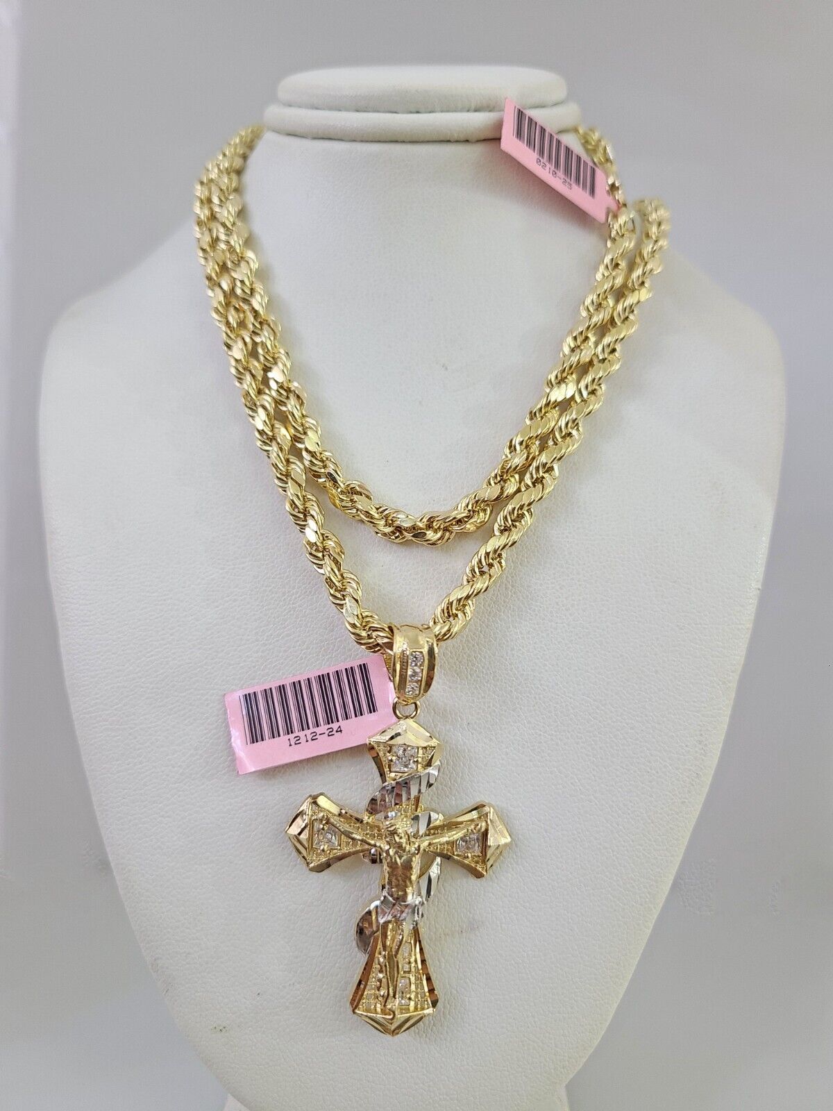 14k Gold Rope Chain Necklace Set 6mm Spiral Cross Charm Pendant 18"-28" inch