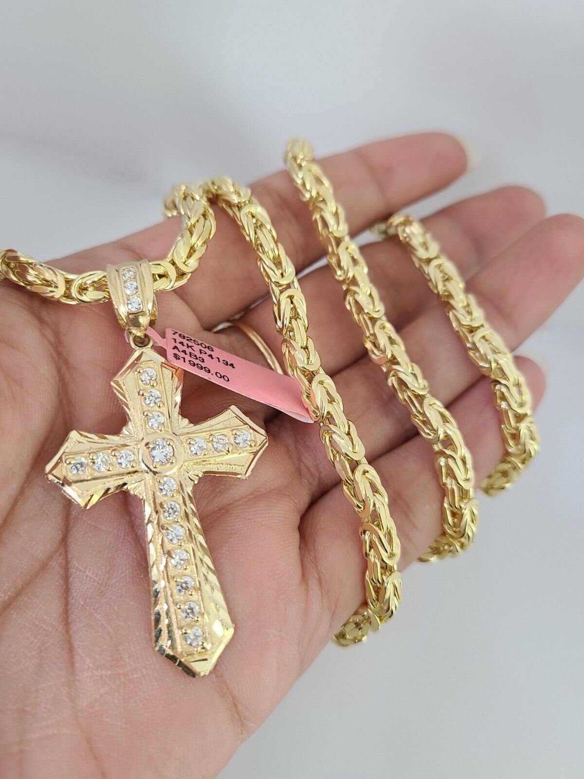 14K Gold Necklace Chain Jesus Cross Charm Turkish Byzantine 4mm 24" Pendant