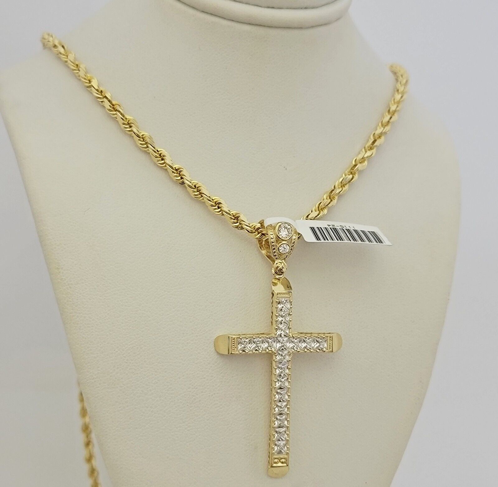 Real 10k Gold Rope Chain Cross SET Stone Charm Pendant Solid Necklace 4mm 24Inch