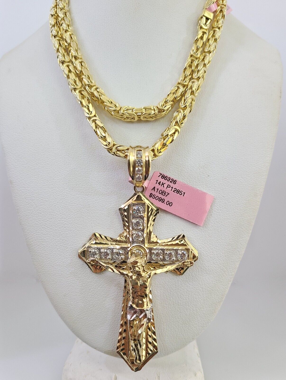 14K Gold Necklace Chain Jesus Crucifix Cross Charm Turkish Byzantine 4mm 24"