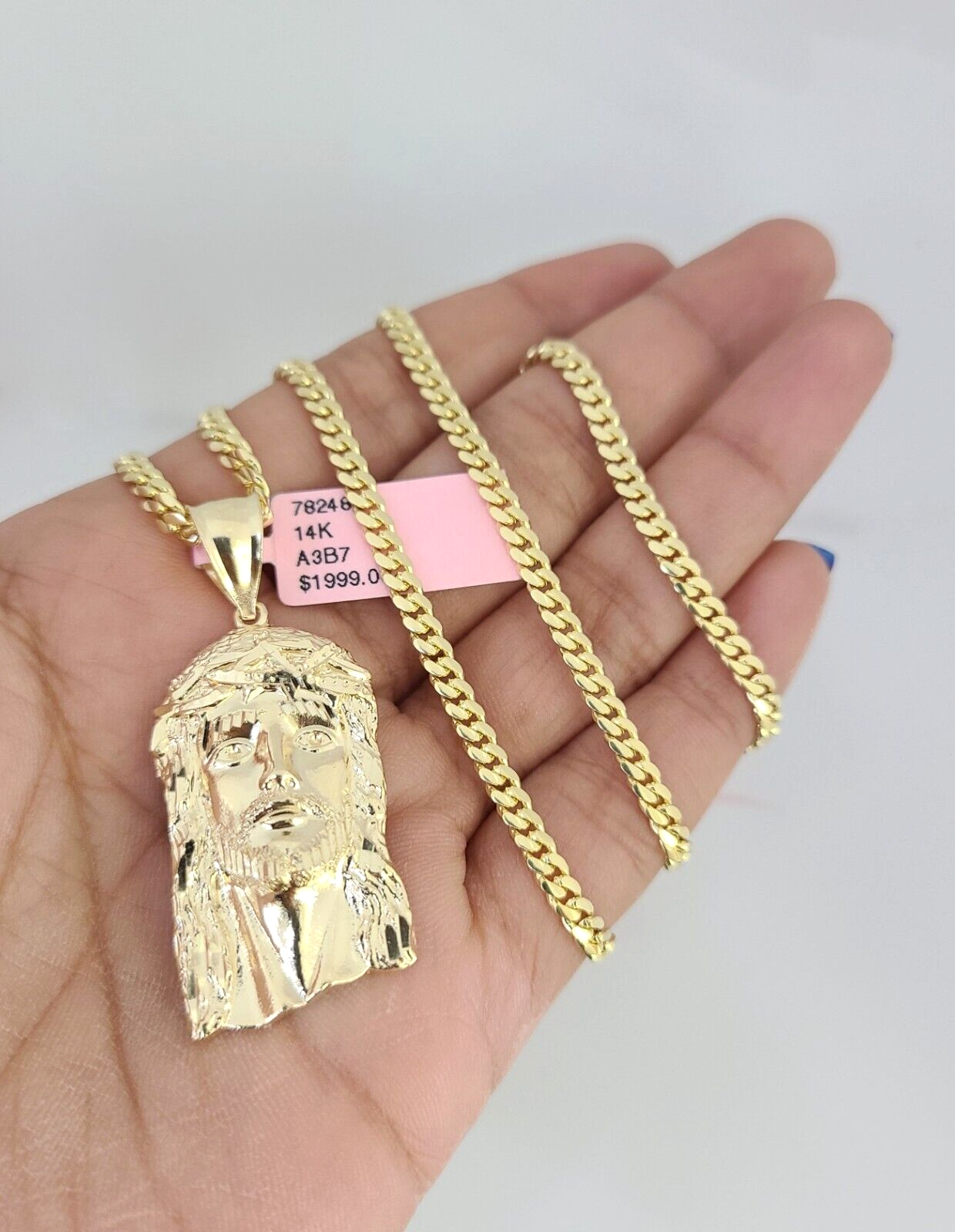 14k Gold Solid Chain Jesus Head Pendant Set 14kt Miami Cuban Link 3mm Charm