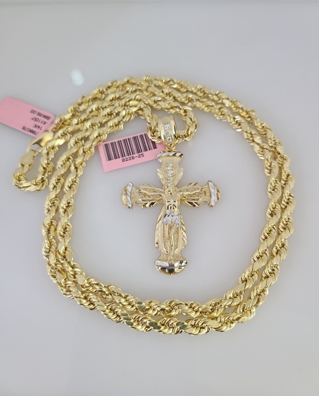 14k Gold Rope Chain Necklace Set 6mm Jesus Cross Charm Pendant 18"-28" inch