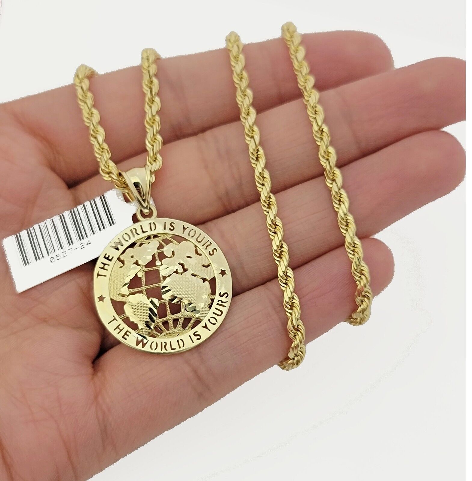 Real 10k Gold Chain Pendant SET World Is Your Charm  Rope Necklace 3mm 24 Inch