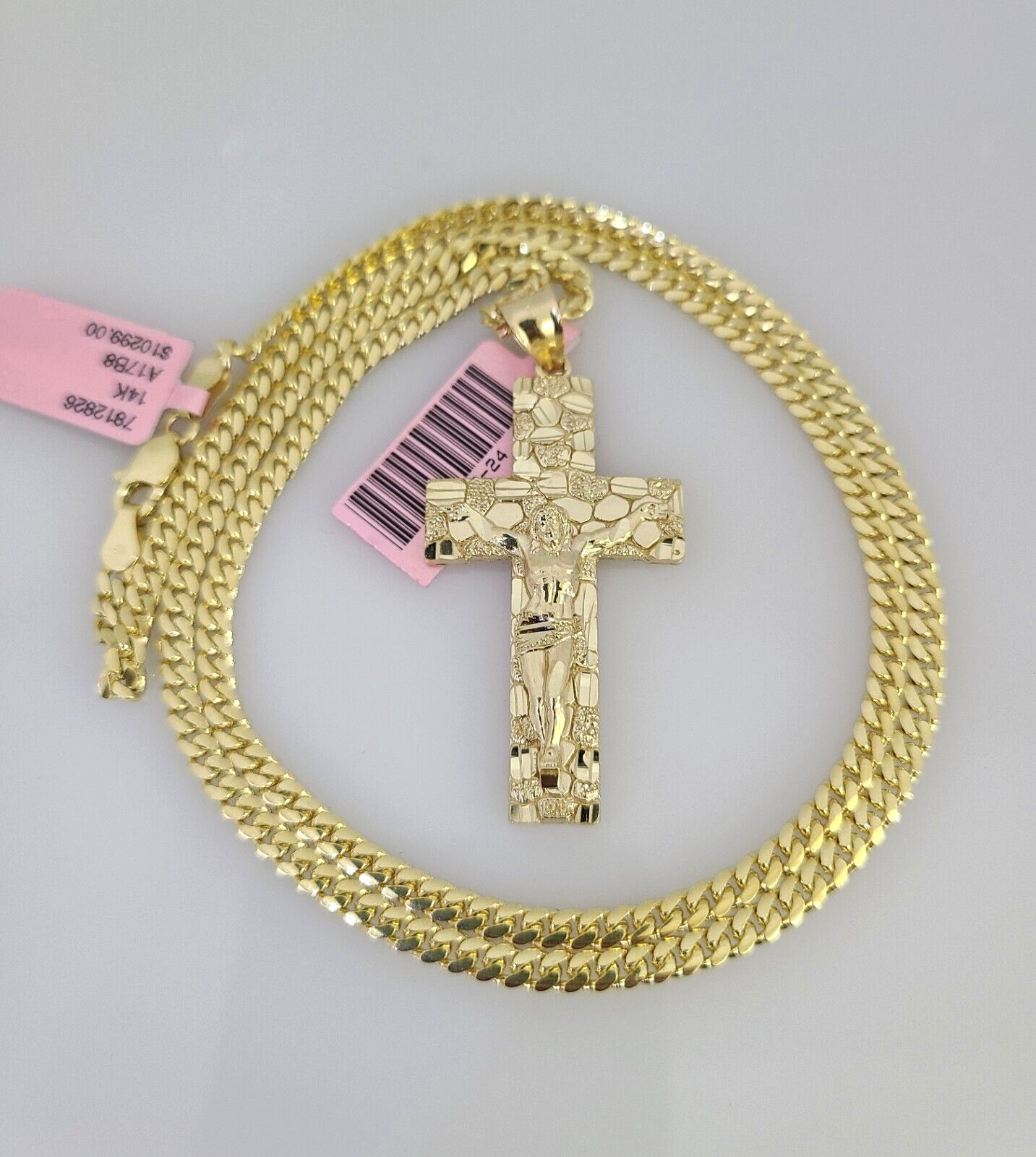 14k Gold Solid Chain Nugget Cross Pendant Set 14kt Miami Cuban Link 3mm Charm