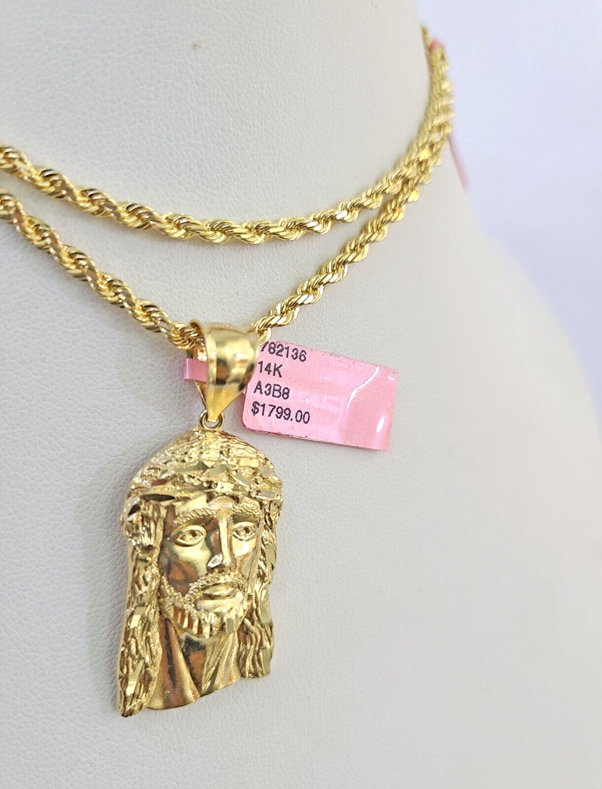 Real 14k Solid Rope Chain Jesus Head Charm Set 3mm 18"-26" Necklace Yellow Gold
