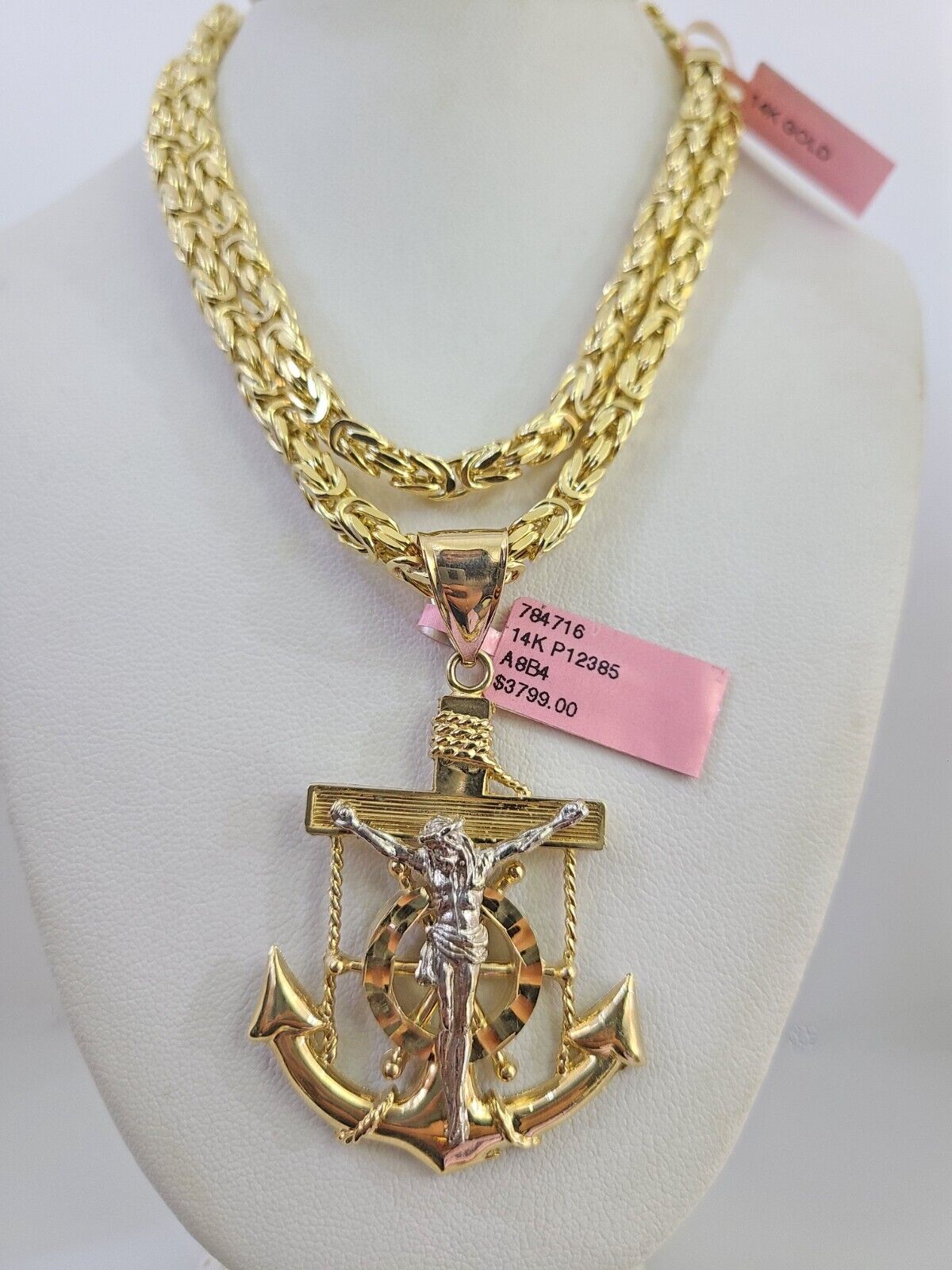 14K Gold Necklace Chain Jesus Anchor Charm Turkish Byzantine 4mm 24" Pendant