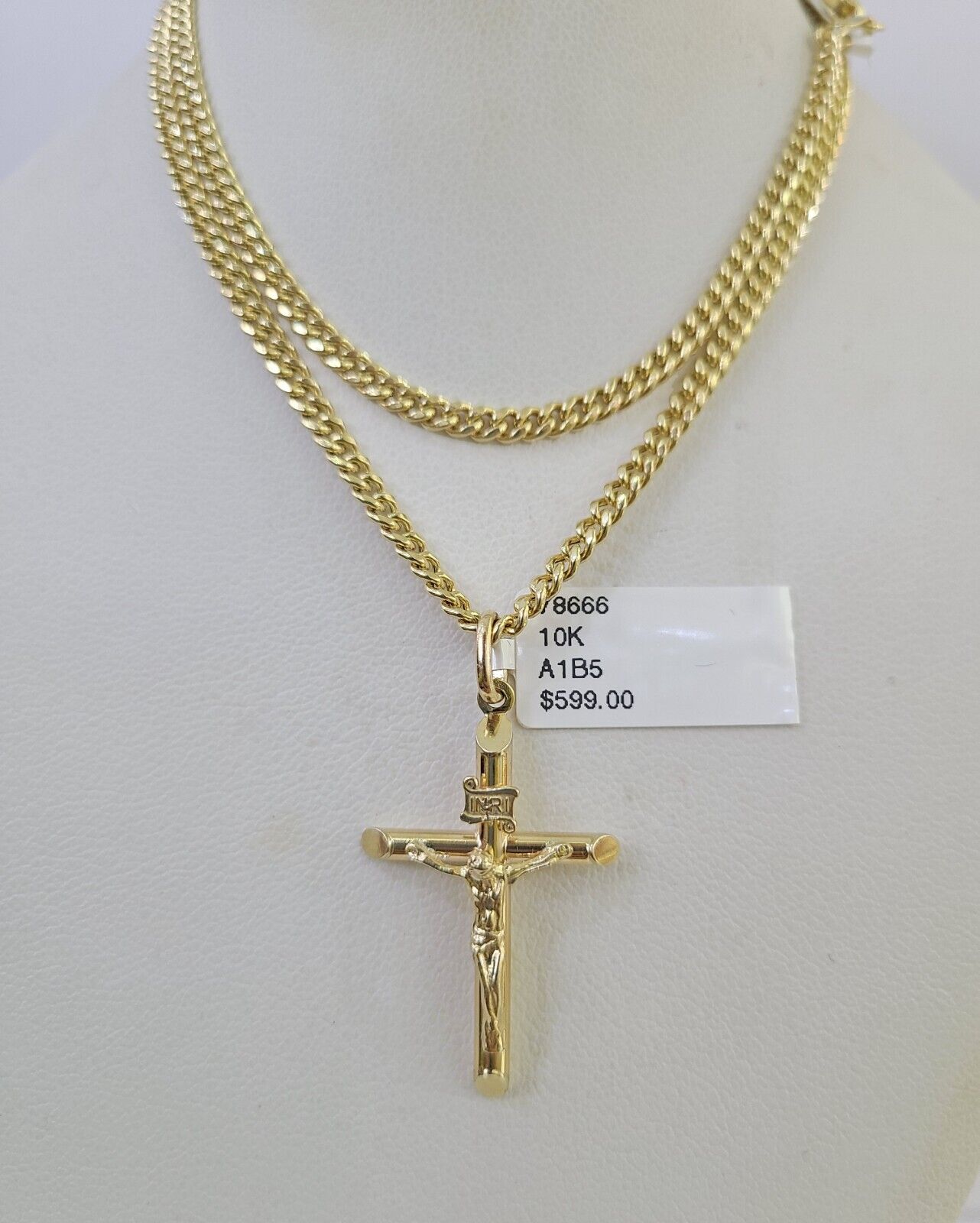 10K Gold Miami Cuban Chain INRI Jesus Cross 18"-28" 3mm Pendant Necklace SET