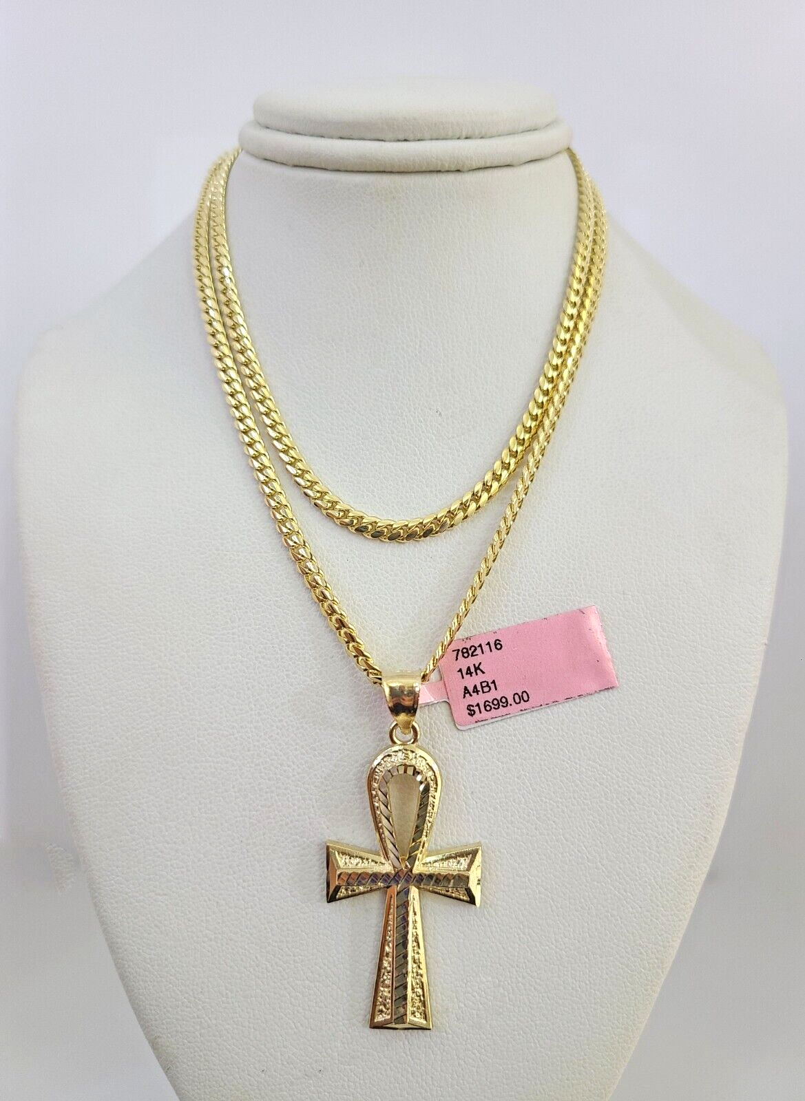 14k Gold Solid Chain Ankh Cross Pendant Set 14kt Miami Cuban Link 3mm Charm