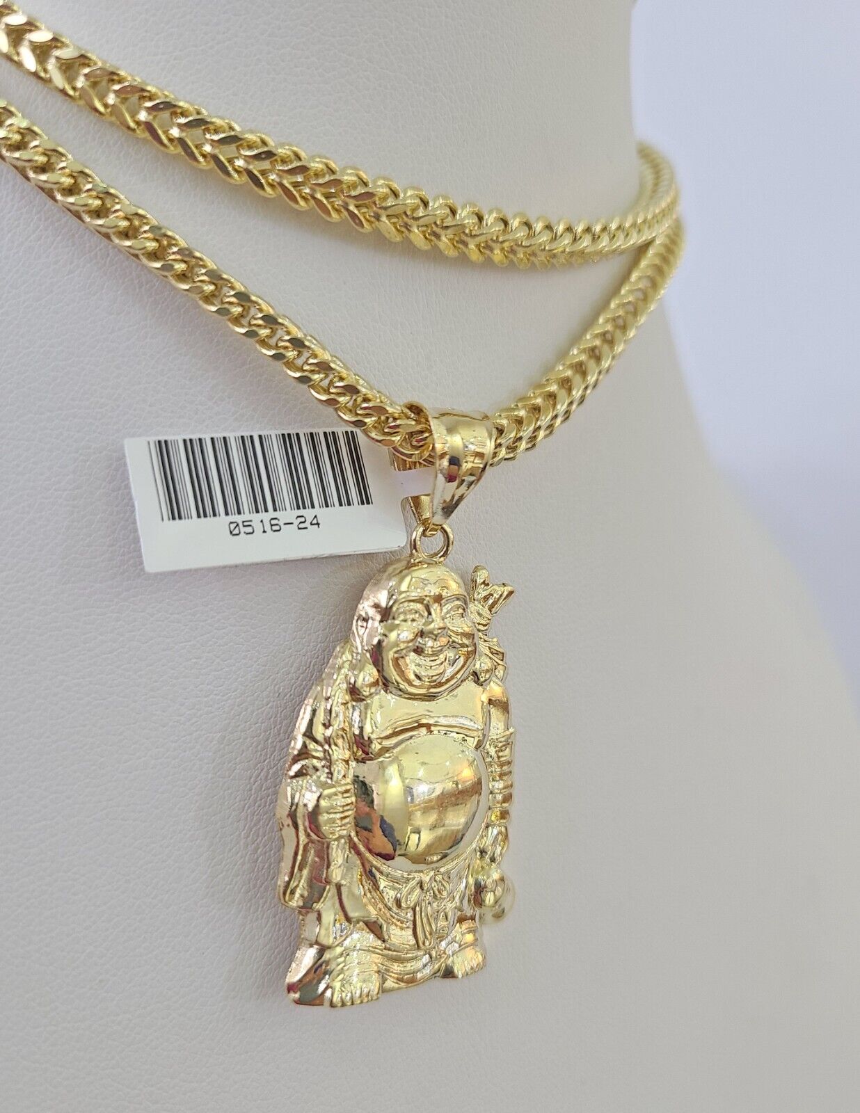 10K Franco Chain Laughing Buddha Pendant Charm Necklace 20"-28" 4mm Gold SET