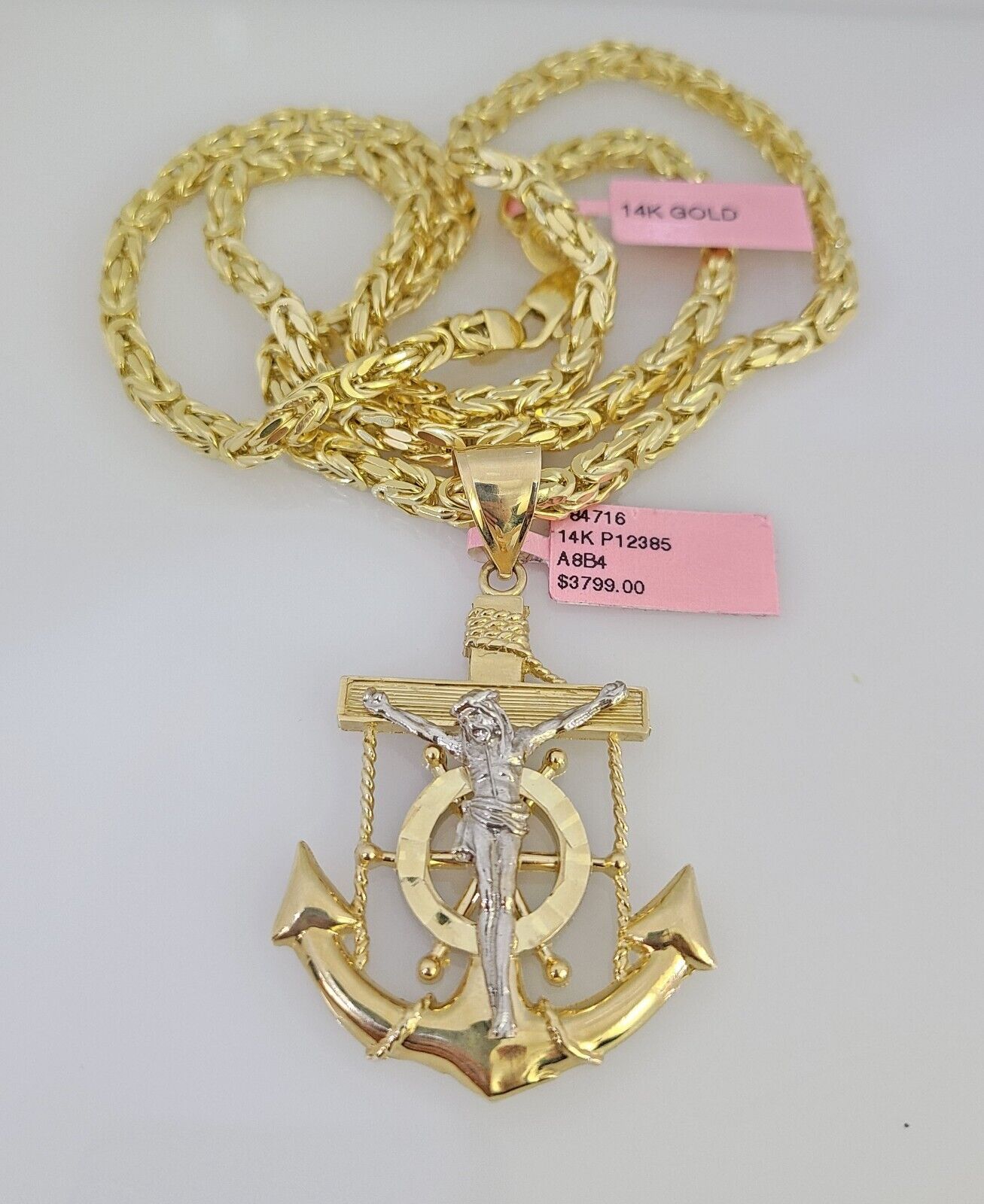 14K Gold Necklace Chain Jesus Anchor Charm Turkish Byzantine 4mm 24" Pendant