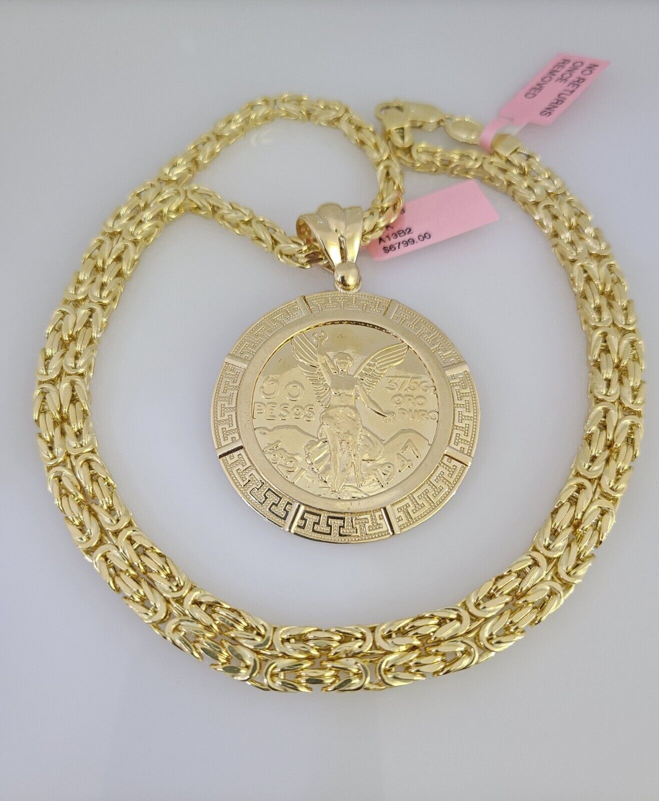 14K Gold Necklace Chain Mexican Coin Charm Turkish Byzantine 4mm 24" Pendant