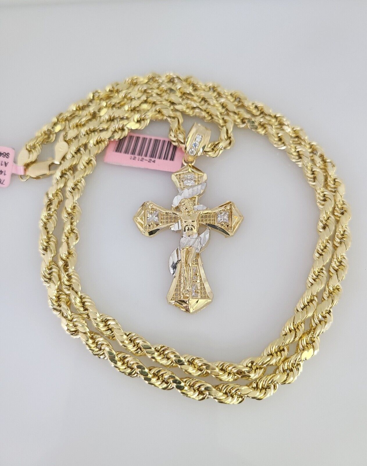 14k Gold Rope Chain Necklace Set 6mm Spiral Cross Charm Pendant 18"-28" inch