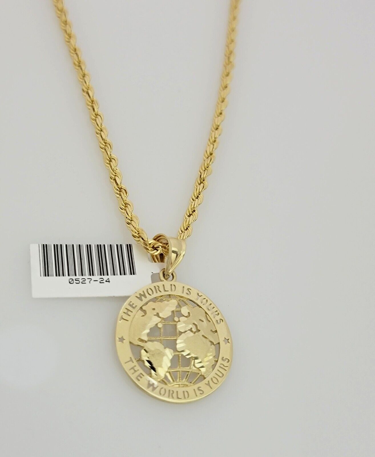 Real 10k Gold Chain Pendant SET World Is Your Charm  Rope Necklace 3mm 26 Inch