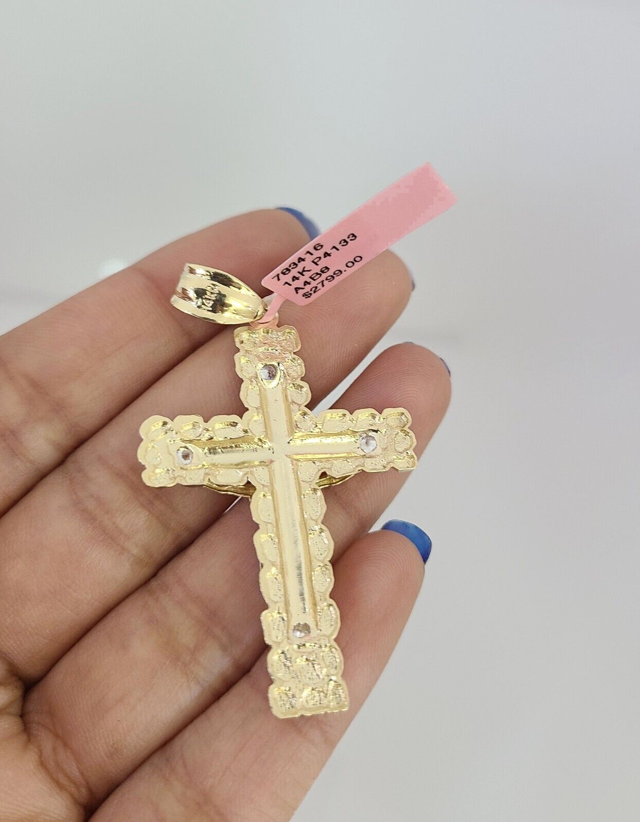 14k Gold Solid Chain Nugget Cross Pendant Set 14kt Miami Cuban Link 3mm Charm