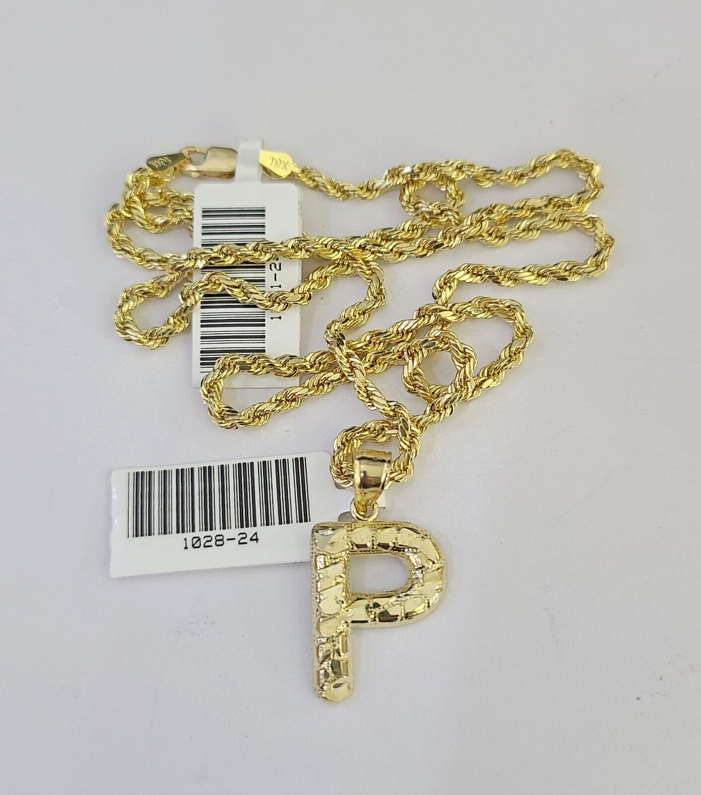 10k Gold Initial P Charm Rope Chain 16"-26" 2.5mm SET Necklace Alphabet Pendant