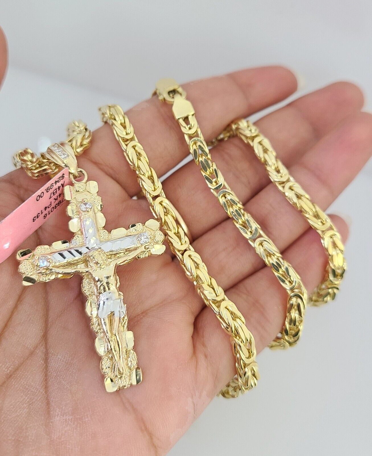 14K Gold Necklace Chain Jesus Nugget Cross Turkish Byzantine 4mm 24" Pendant