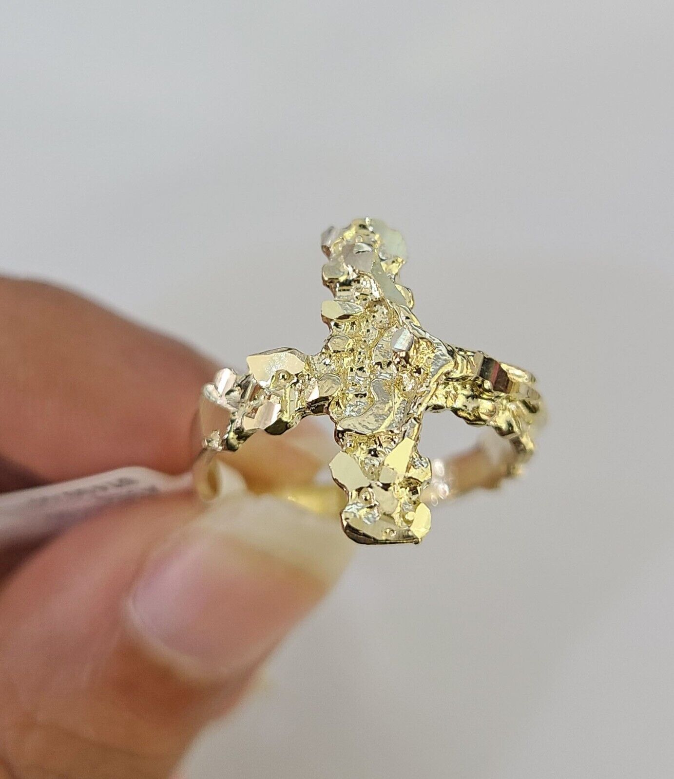 REAL 10K Gold Jesus Cross Nugget Ring Band Style Rings 10Kt Yellow All Sizes