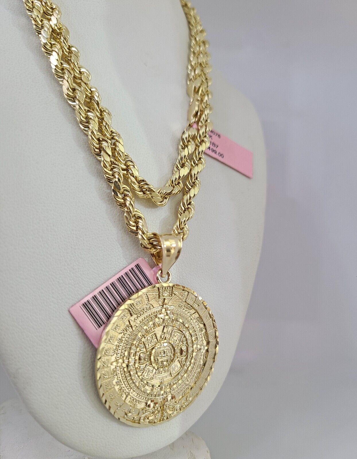 14k Gold Rope Chain Necklace Set 6mm Mayan Calendar Charm Pendant 18"-28" inch