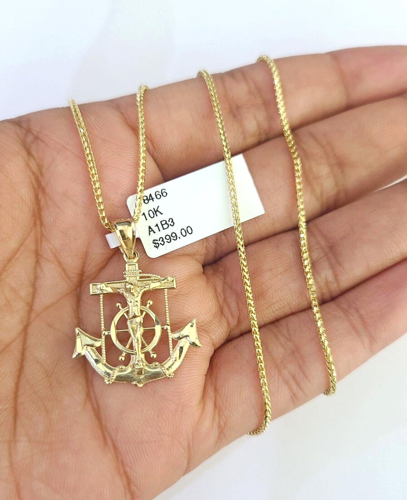 10K Solid Franco Chain Jesus Anchor Pendant Charm Necklace 16"-22" 1mm Gold