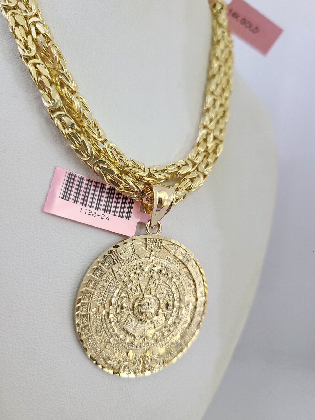 14K Gold Necklace Chain Mayan Calendar Charm Turkish Byzantine 4mm 24" Pendant