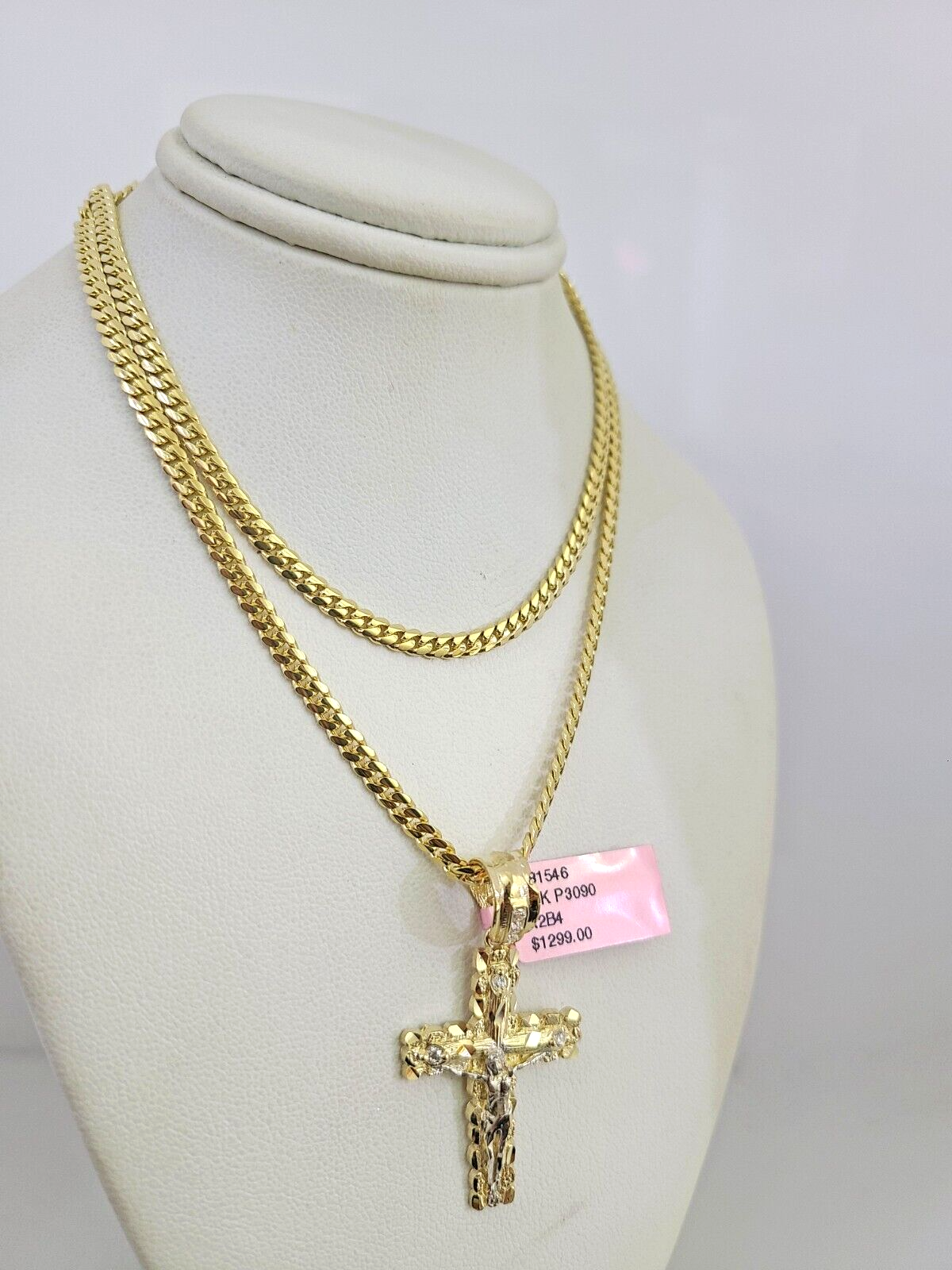 14k Gold Solid Chain 3mm Nugget Cross Pendant Set 14kt Miami Cuban Link Charm