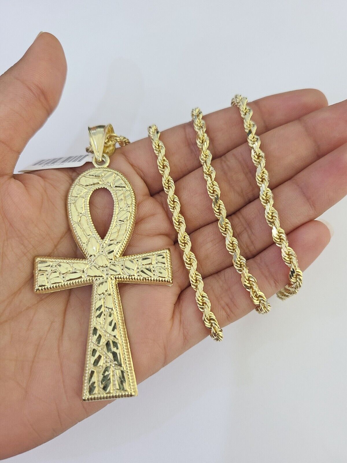 10k Solid Rope Chain Ankh Cross Charm Set 4mm 20"-28" Necklace Gold Yellow
