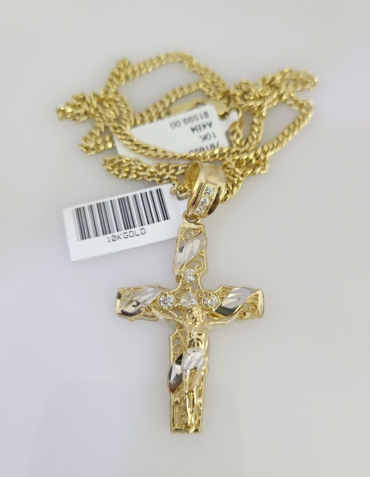 Real 10k Gold Chain Pendant SET Jesus Cross Charm Miami Cuban Link Necklace 2mm