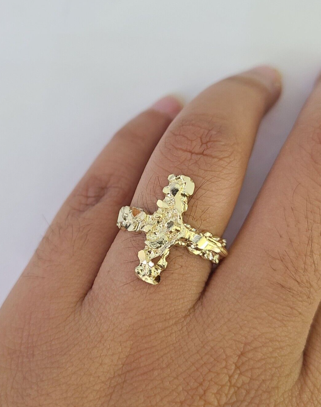 REAL 10K Gold Jesus Cross Nugget Ring Band Style Rings 10Kt Yellow All Sizes