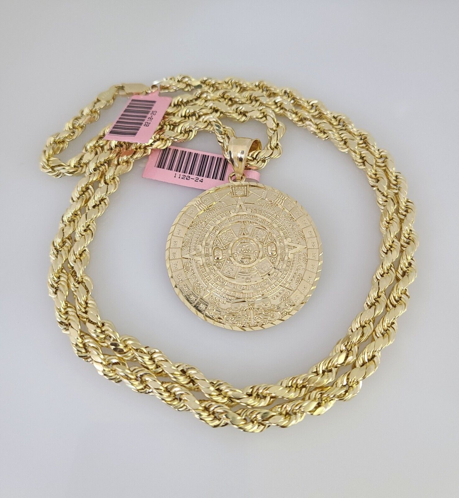 14k Gold Rope Chain Necklace Set 6mm Mayan Calendar Charm Pendant 18"-28" inch