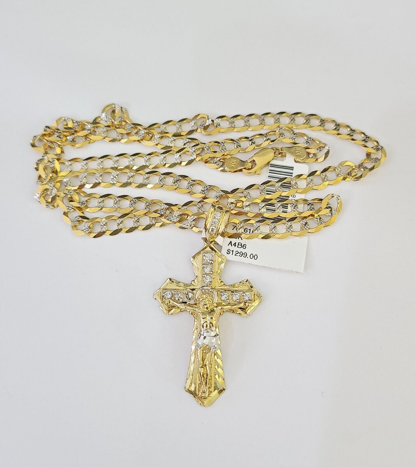10k Solid Gold Cuban Curb Chain Jesus Cross Pendant 6mm 20"-30" SET Necklace