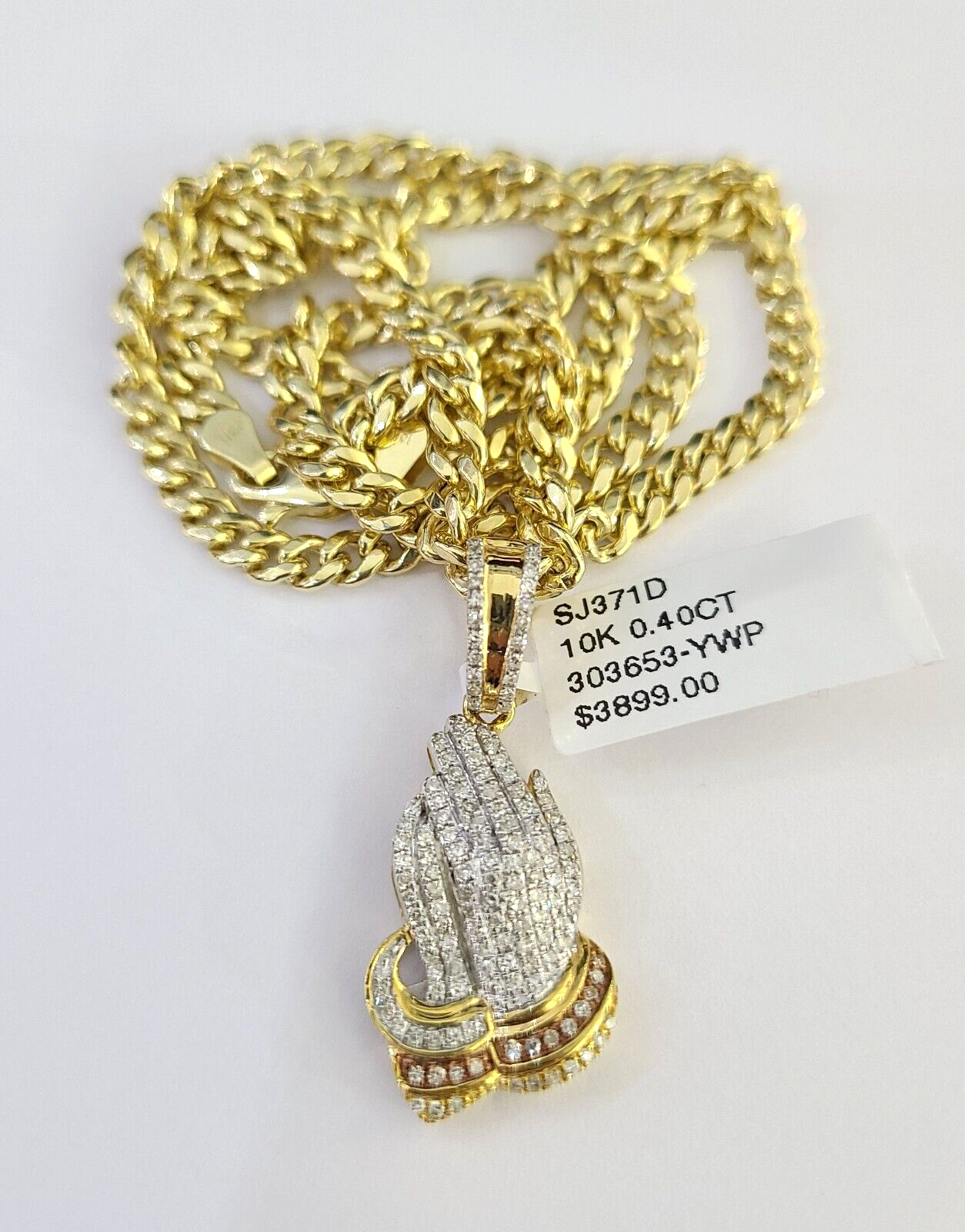 10k Miami Cuban Chain Diamond Praying Hands Charm Set 4mm 18"-28" Necklace Gold