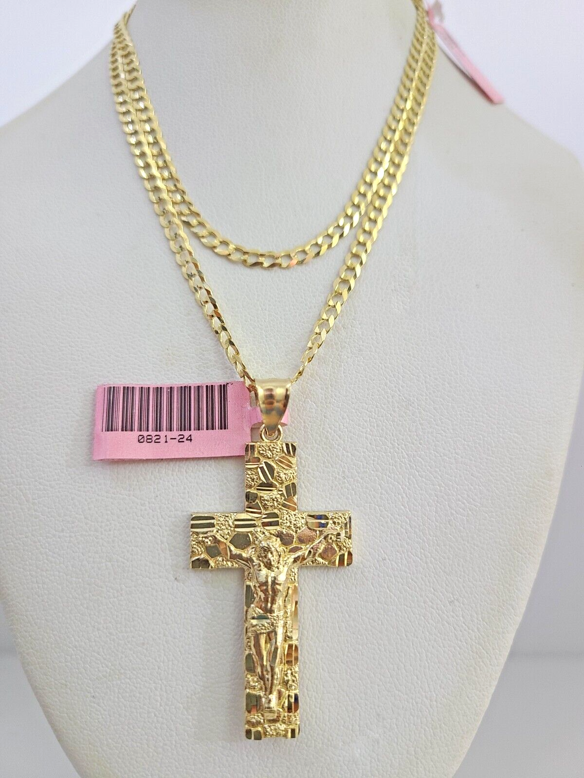 Real 14k Gold Chain Jesus Cross Pendant Set 14kt Cuban Curb Chain 4mm Charm