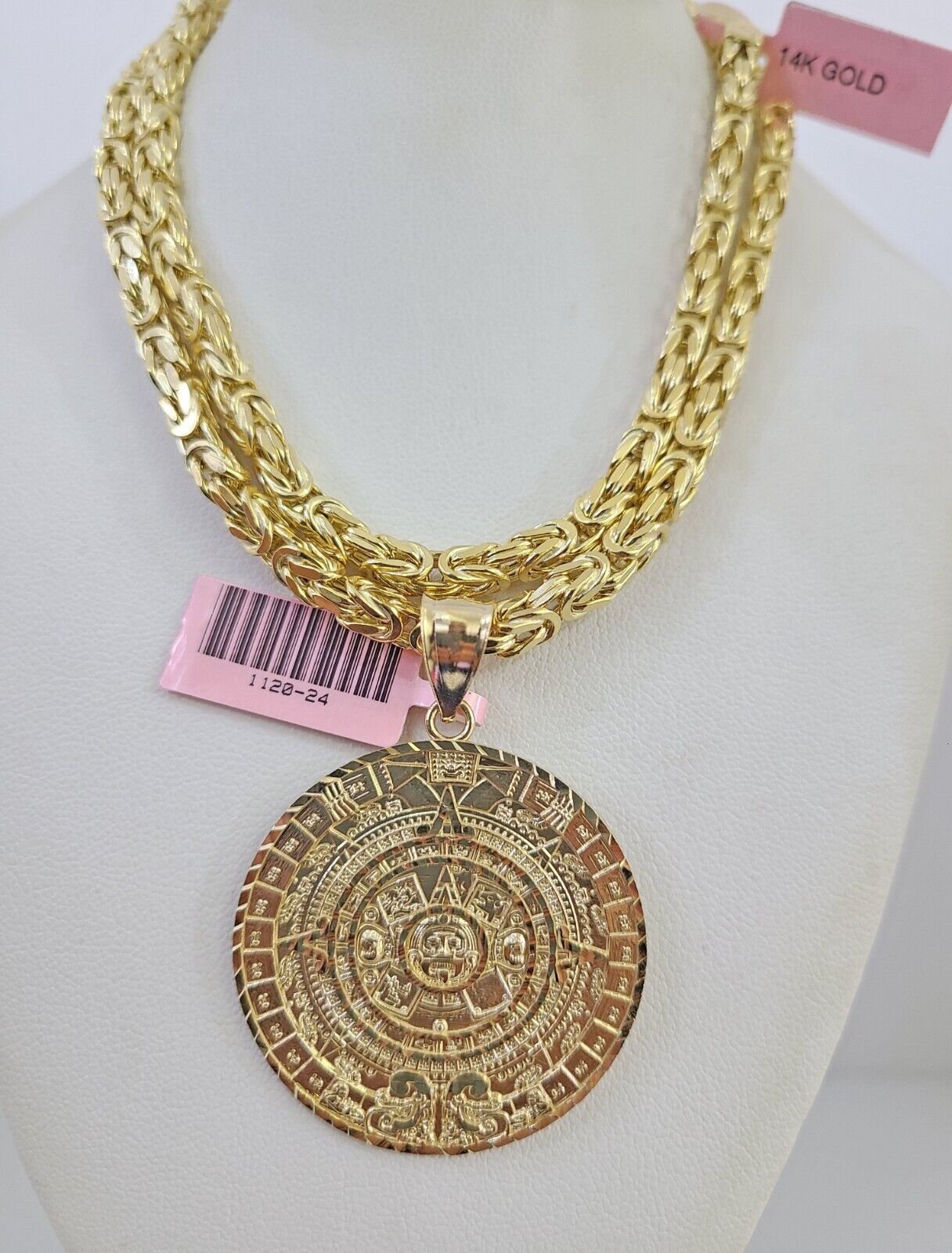 14K Gold Necklace Chain Mayan Calendar Charm Turkish Byzantine 4mm 24" Pendant