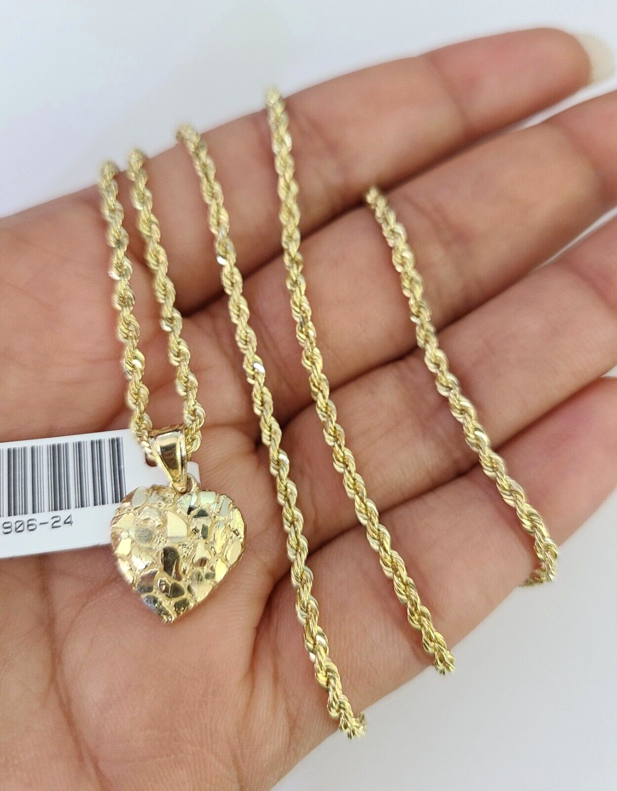 10k Solid Rope Chain 2mm Nugget Heart Pendant Charm Necklace SET 16"-22" Ladies