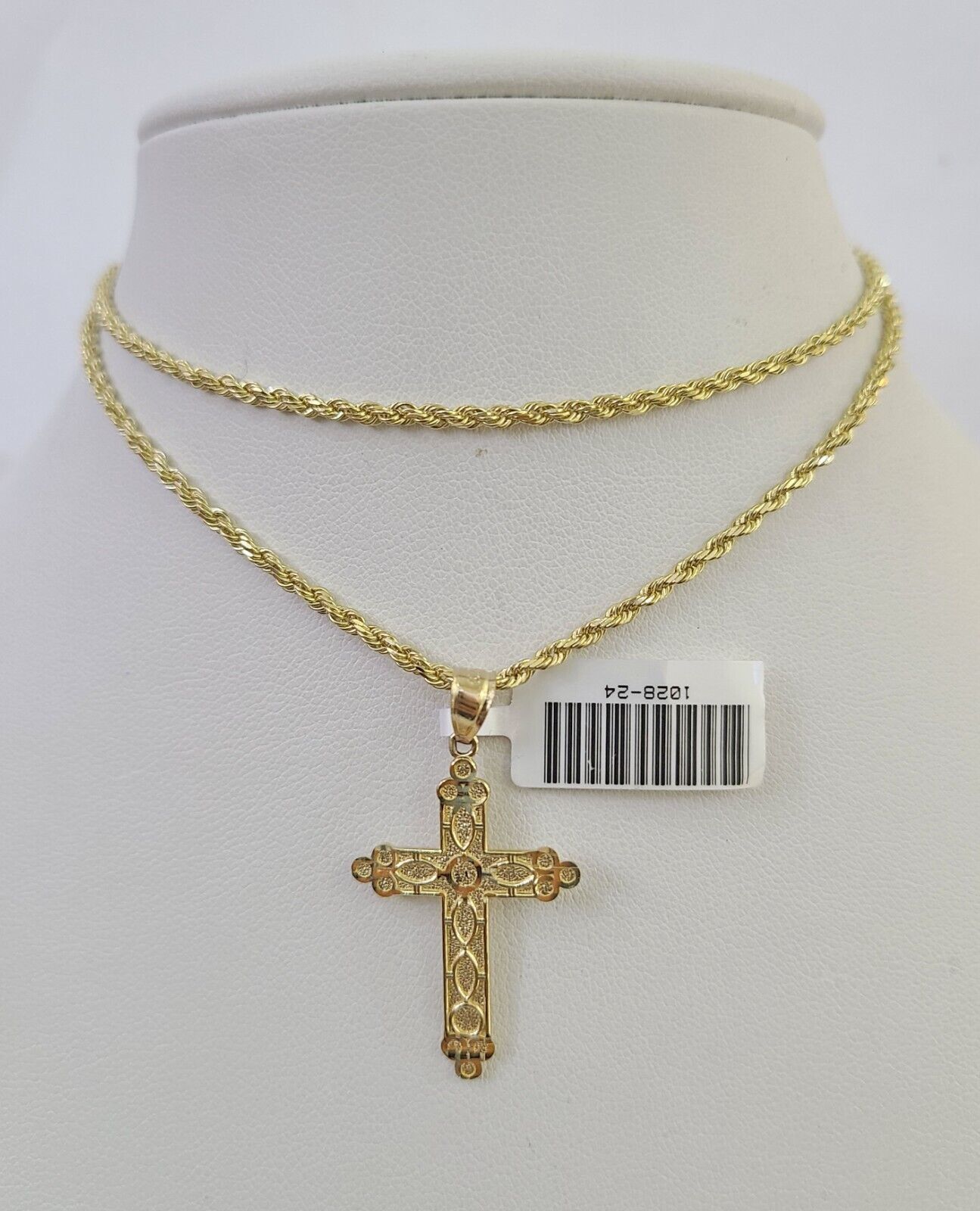 10k Solid Rope Chain 2mm Jesus Cross Pendant Charm Necklace SET 18-24 in