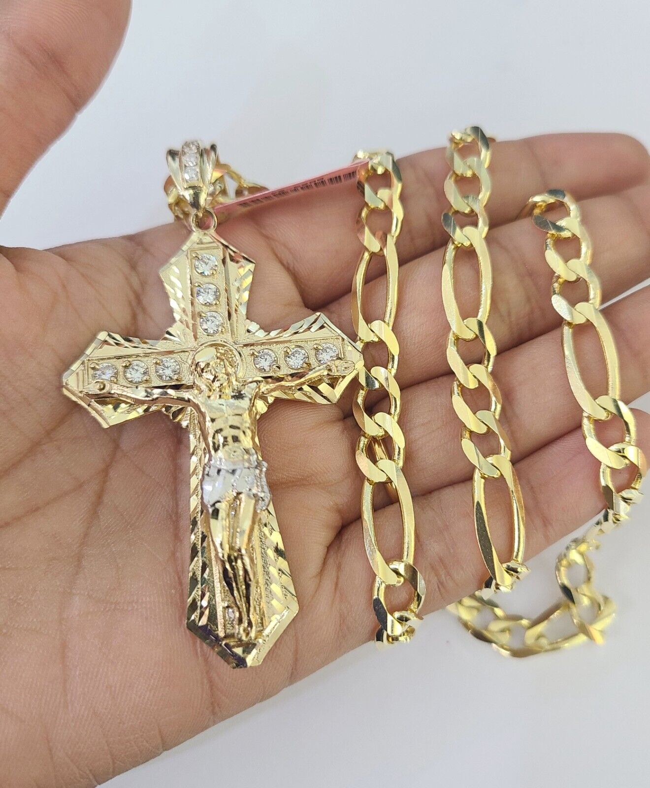 14k Figaro Chain Jesus Cross Charm Pendant Gold 7mm 20-30 inch SET Necklace