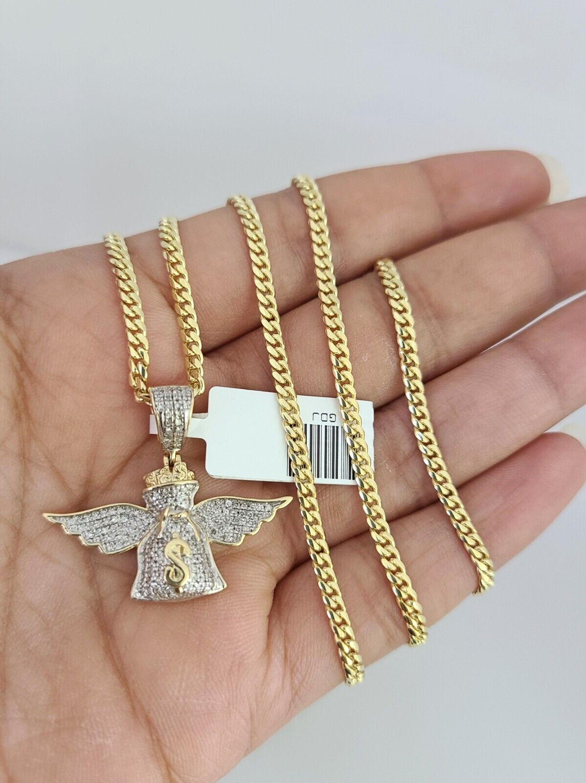 10K Solid Gold Miami Cuban Chain SET Diamond Money Bag Wing Charm 18"-26" 2.5mm