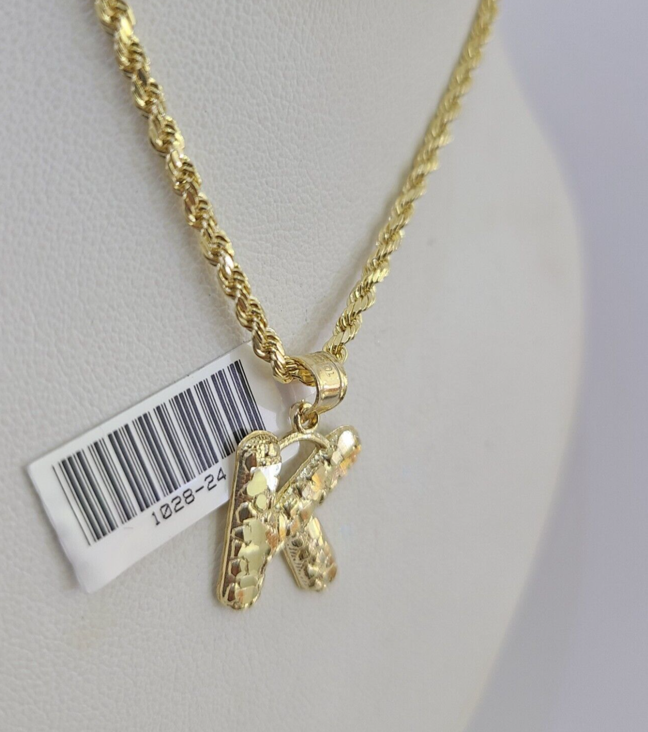 10k Gold Initial K Charm Rope Chain 16"-26" 2.5mm SET Necklace Alphabet Pendant