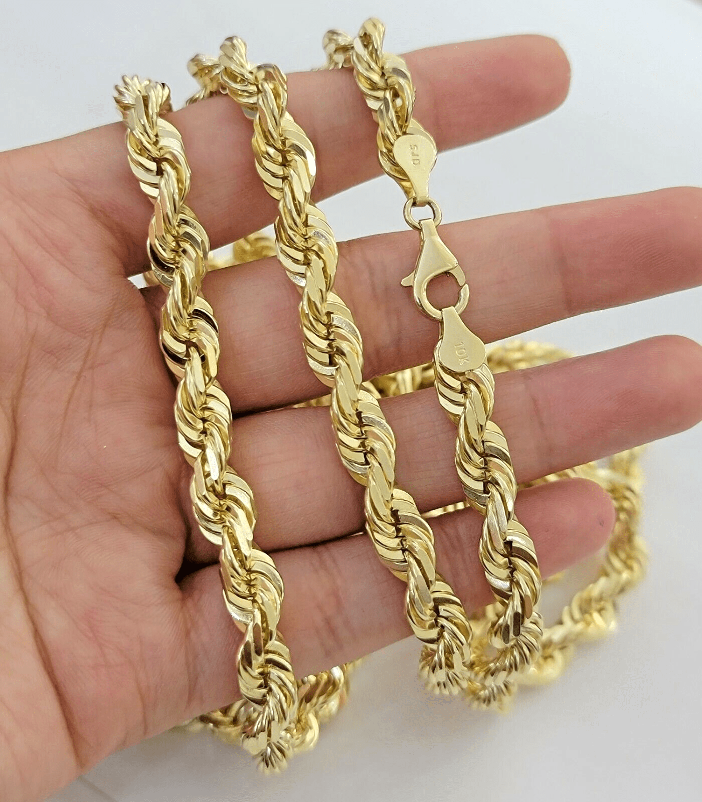 9mm Rope Chain Necklace 10k Yellow Gold 24" Inch Diamond Cuts Solid REAL 10KT - GoldenLinQ