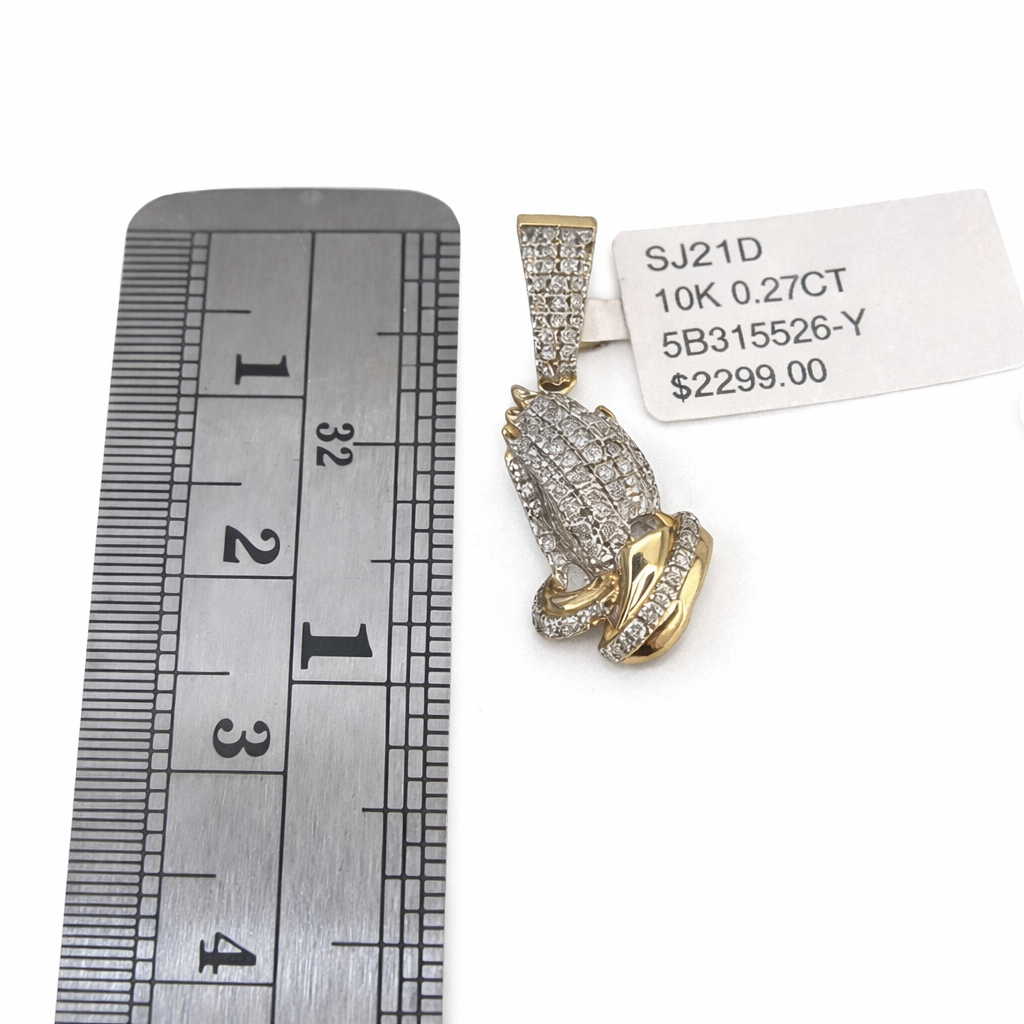 Real 10K Yellow Gold Praying Hand Charm Pendant 1″ Natural Diamonds / Men & Women