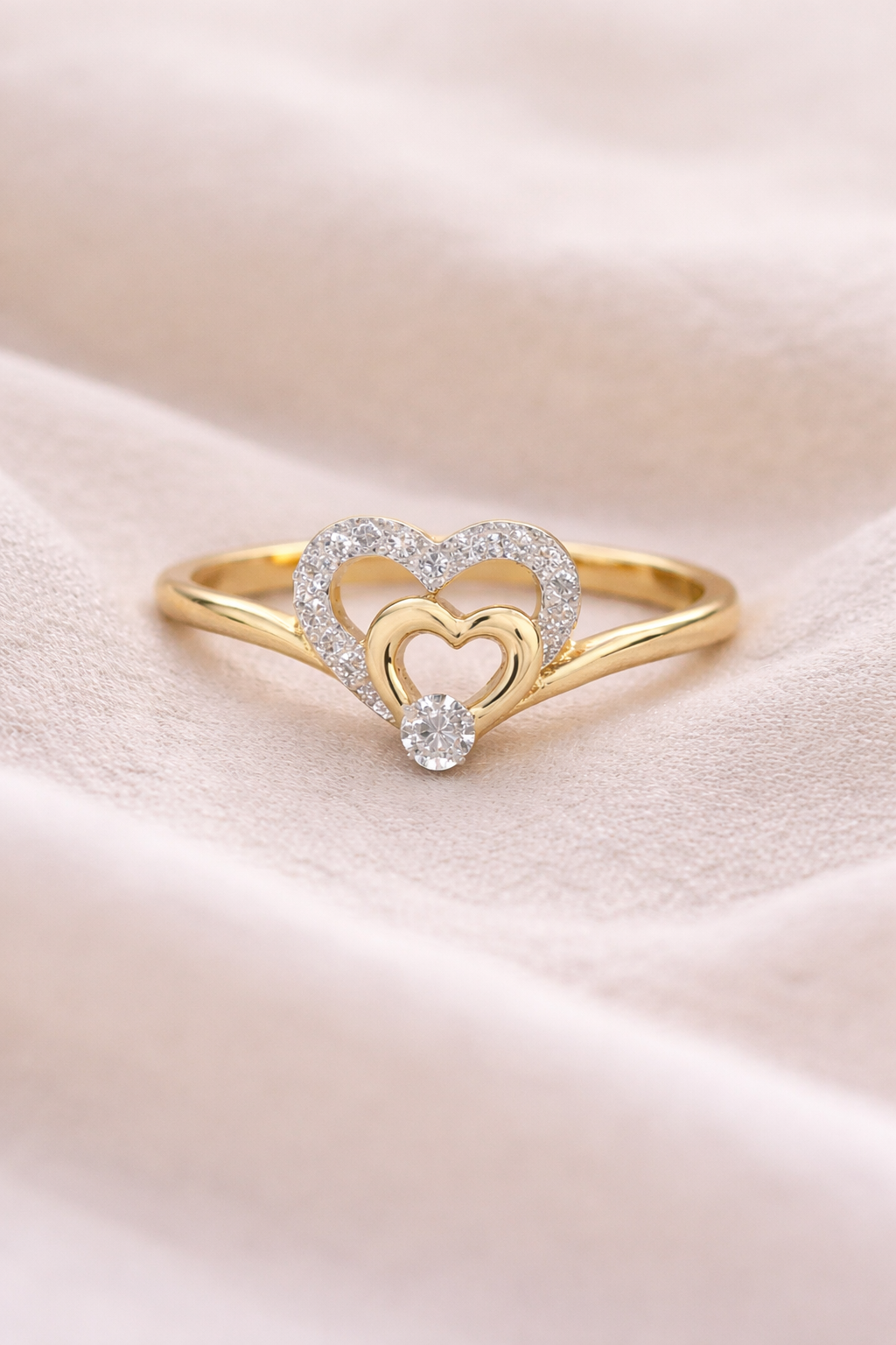 REAL 10k Yellow Gold Diamond Ladies Double Ring Heart Women Ring