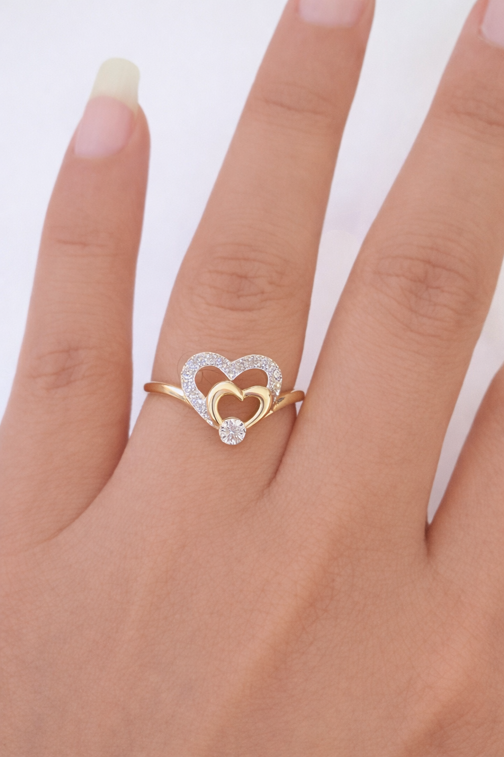 REAL 10k Yellow Gold Diamond Ladies Double Ring Heart Women Ring