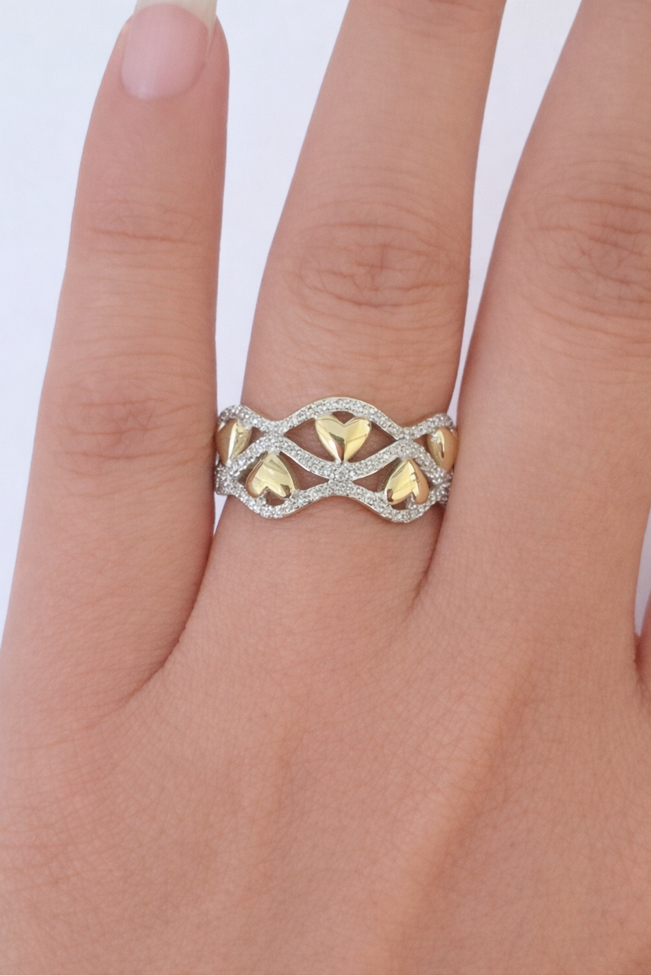 Real 10k Yellow Gold Diamond Ladies Ring 5 Hearts Women Band