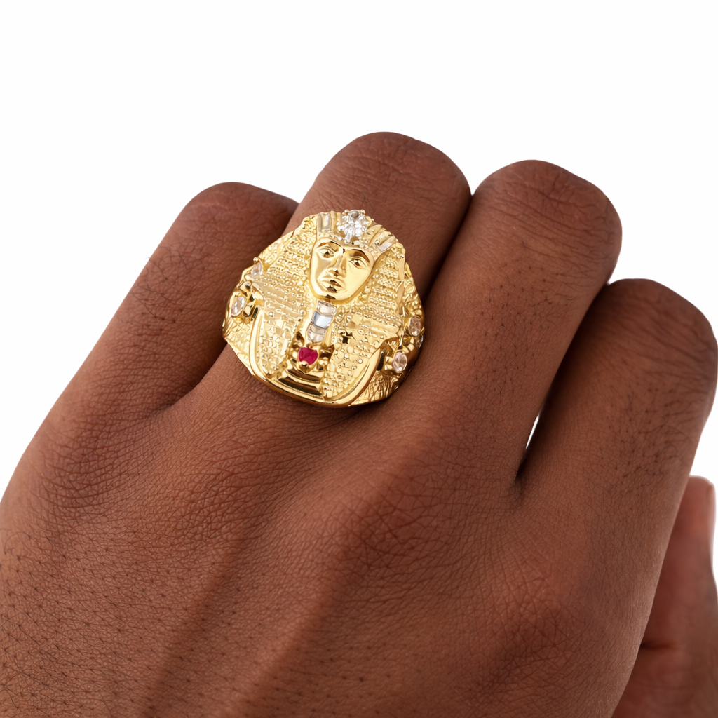 10K Yellow Gold Pharaoh Head Ring for Men – Solid Gold Band Sizes 9 10 11 12