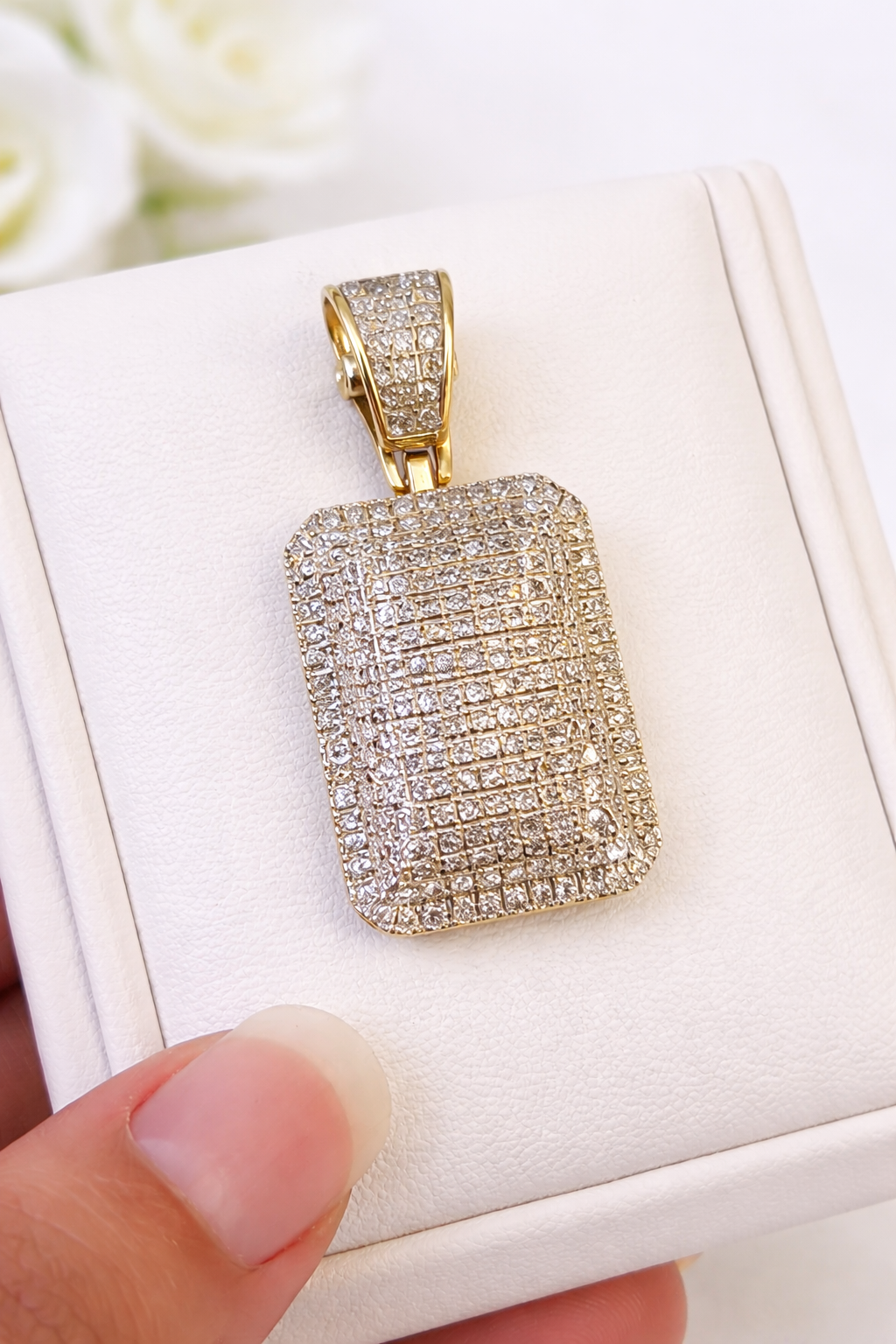 Real 10K Yellow Gold Pillow 1/2 CT Diamond Charm Pendant | 1″ | Unisex Men & Women