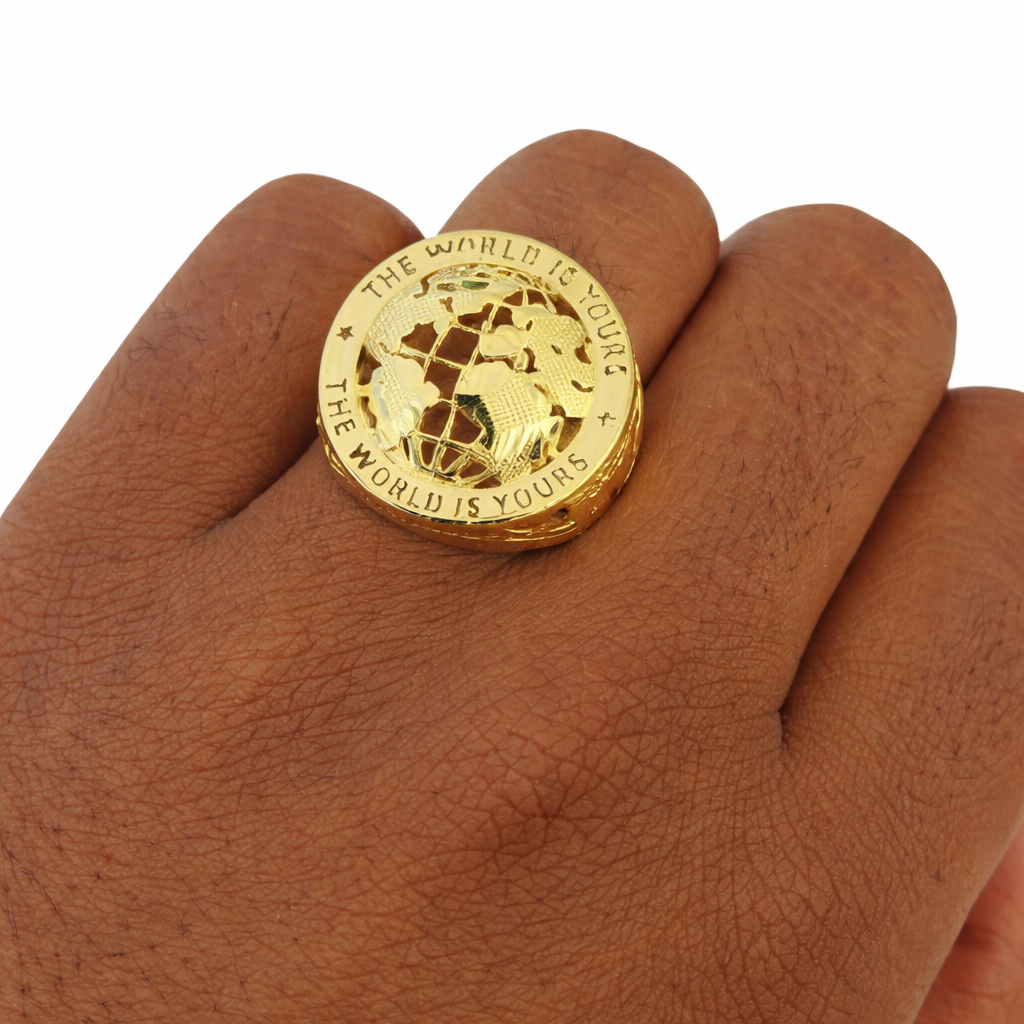 10K Yellow Gold World Is Yours Round Ring for Men – Real 10Kt Genuine Gold