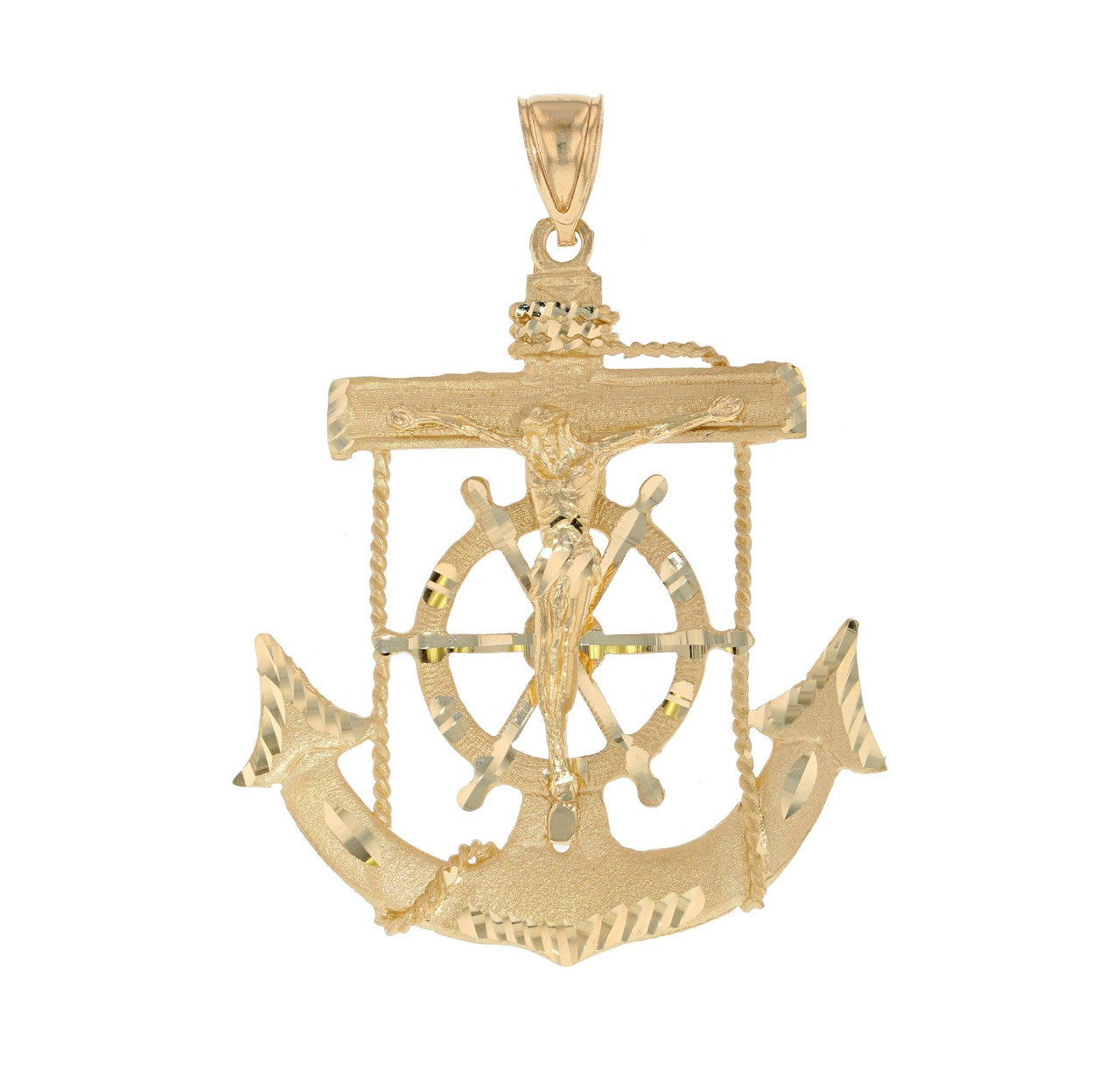 10k / 14k Yellow Gold Anchor Charm Mens Religious Crucifix Jesus Pendant (SKU# P11925)