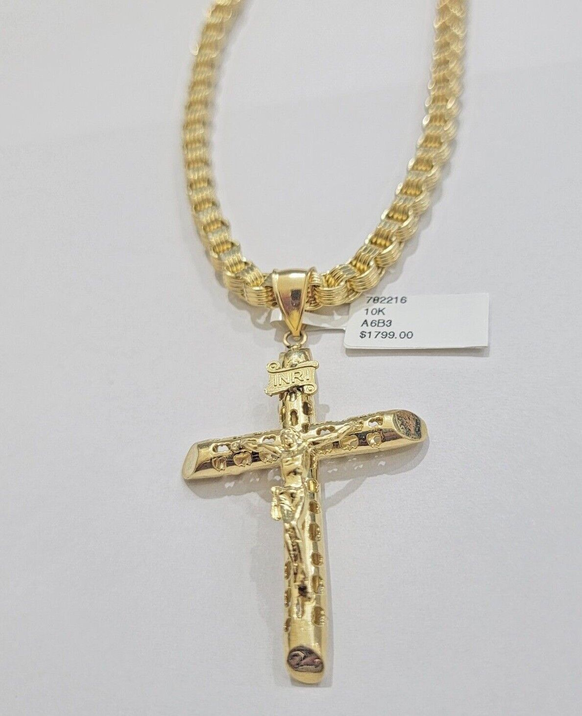 Byzantine chain and Cross charm pendant 10k Yellow Gold set 5mm Necklace 20" - 28" - GoldenlinQ