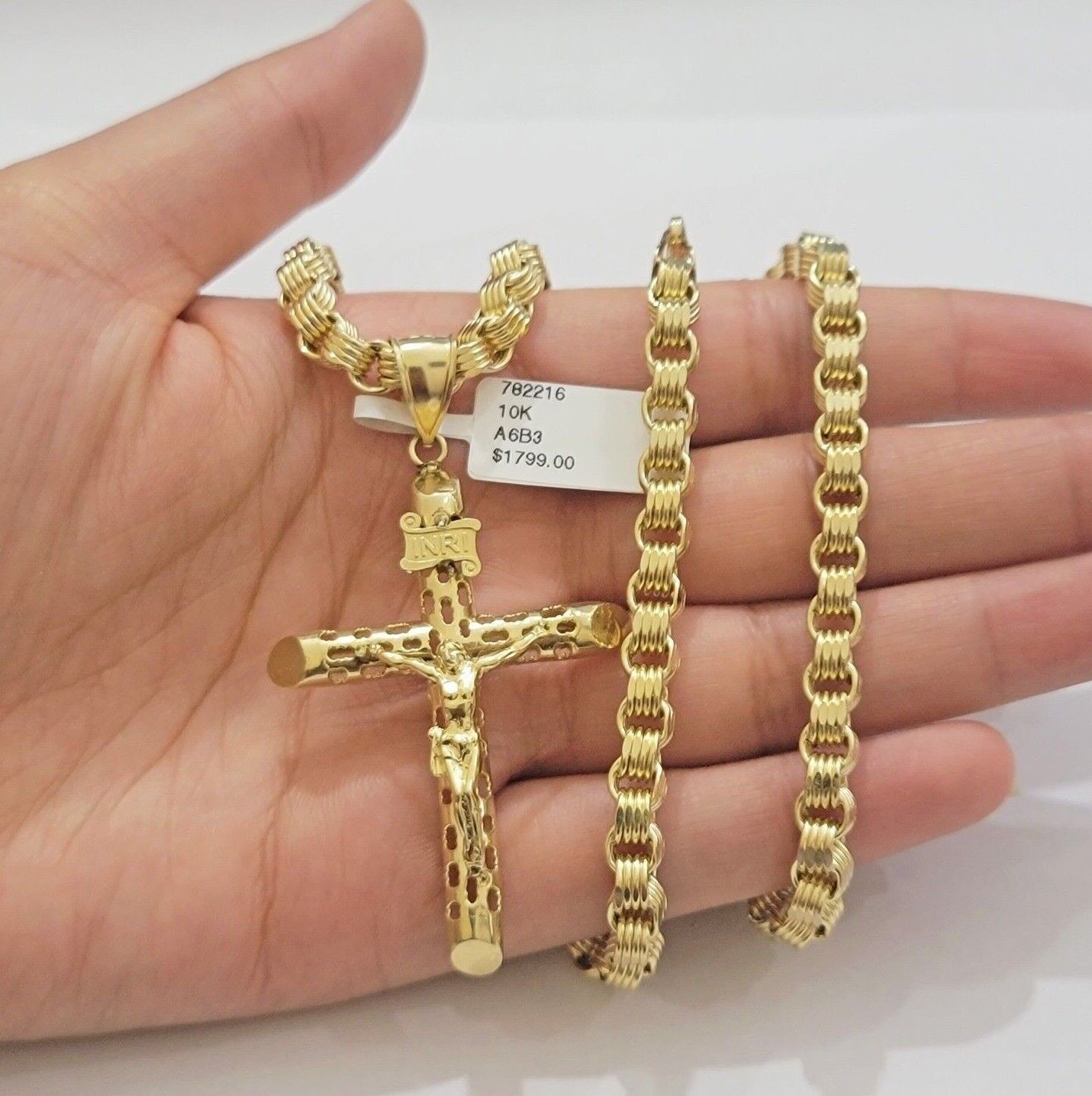 Byzantine chain and Cross charm pendant 10k Yellow Gold set 5mm Necklace 20" - 28" - GoldenlinQ