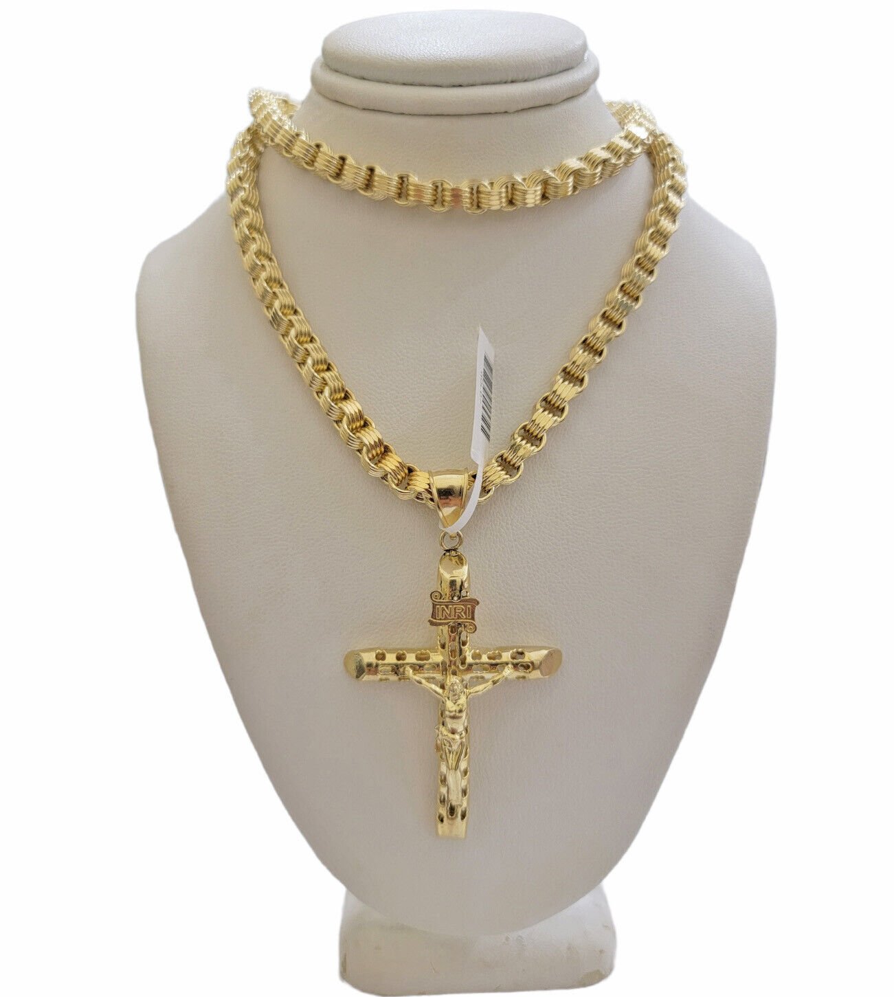 Byzantine chain and Cross charm pendant 10k Yellow Gold set 5mm Necklace 20" - 28" - GoldenlinQ